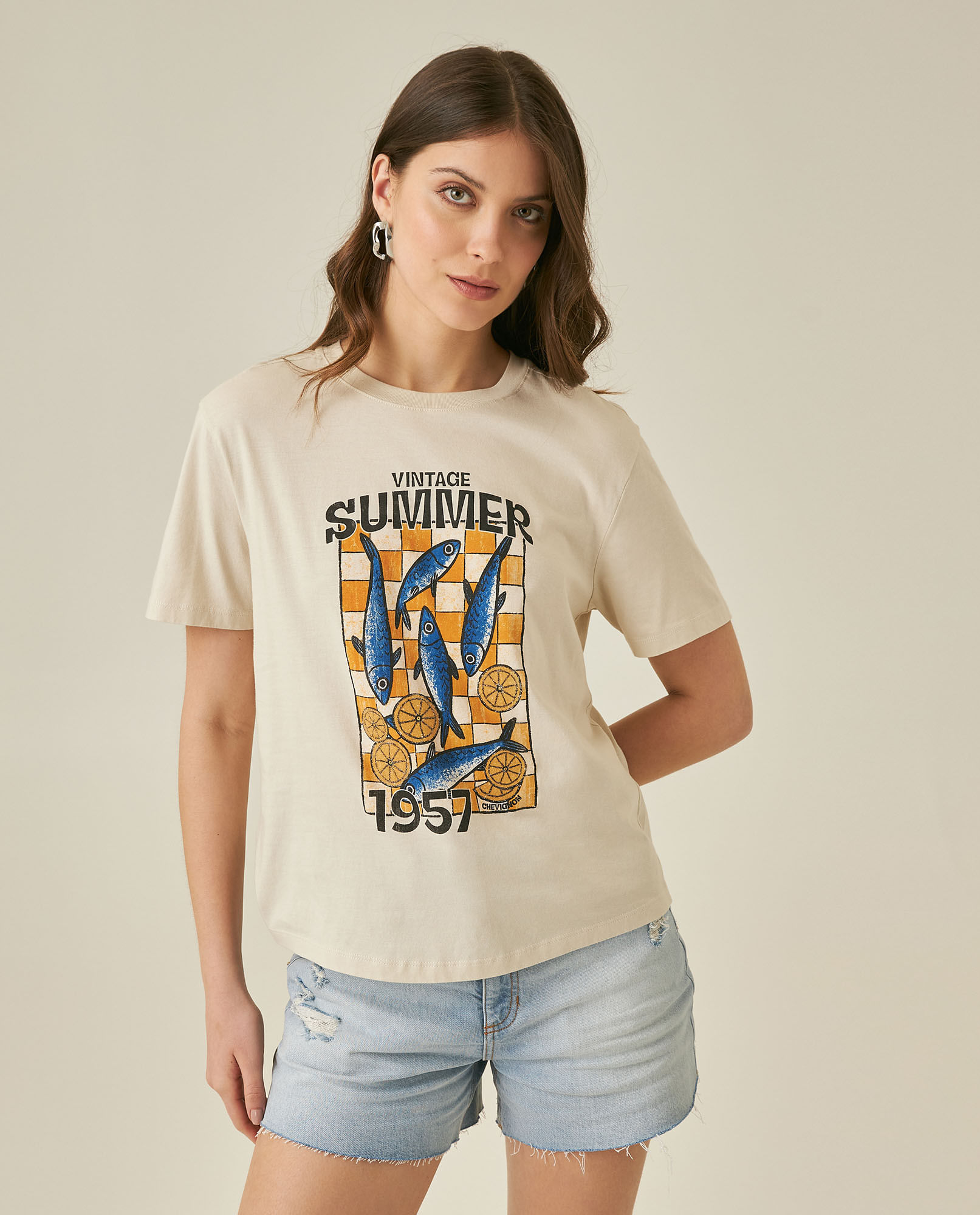 Camiseta de Mujer Gráfica Oversized Cuello Redondo con Gráfico Verano Caviar en Algodón