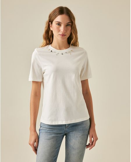 Camiseta de Mujer Moda Slim Fit Cuello Redondo con Dijes Alrededor del Cuello en Algodón
