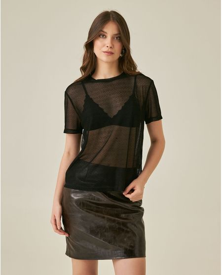 Camiseta de Mujer Moda Silueta Recta Tipo Malla con Transparencia en Mezcla de Poliéster