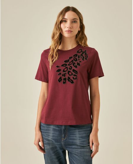 Camiseta de Mujer Gráfica Slim Fit Cuello Redondo Animal Print con Flock y Piedras en Algodón