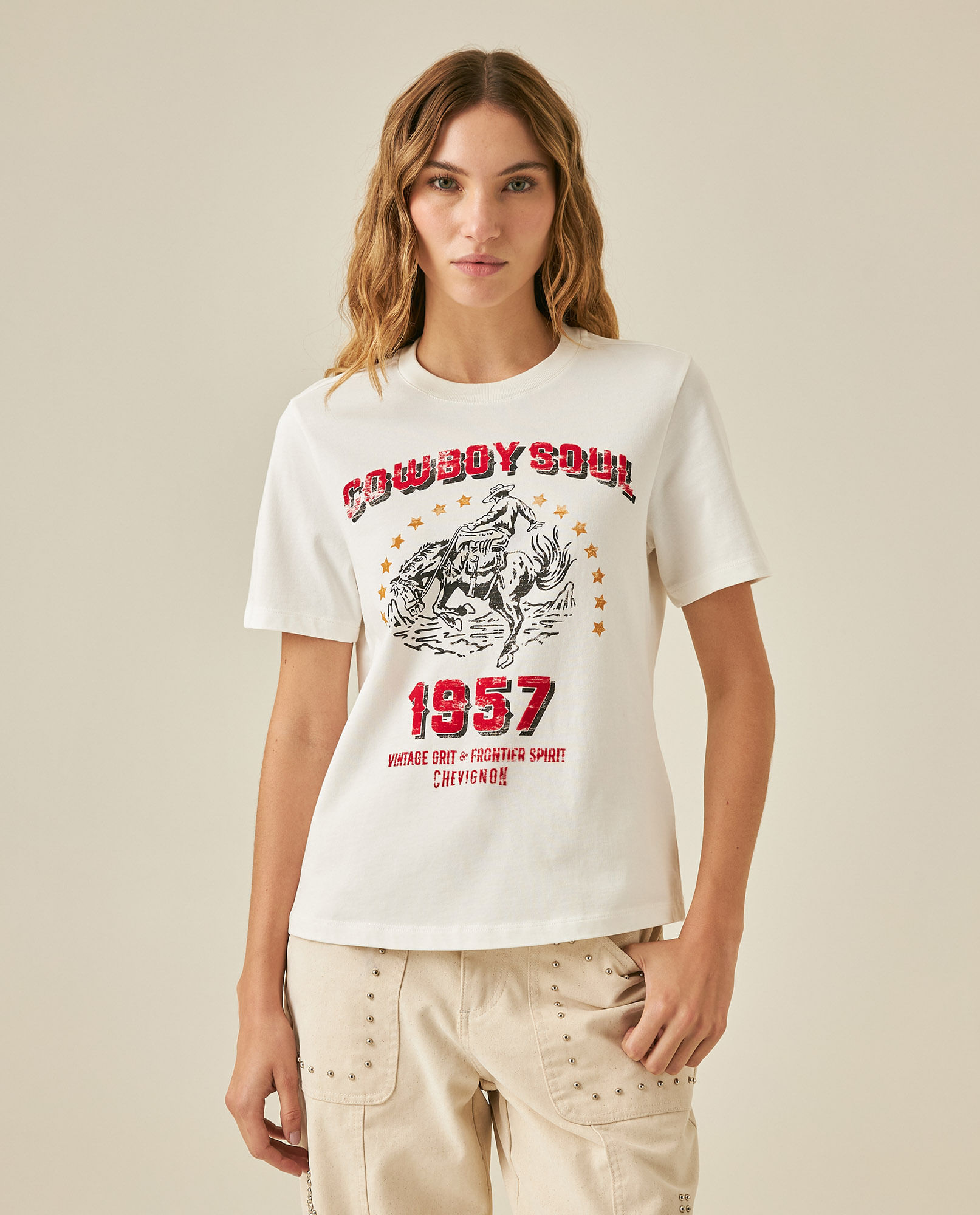 Camiseta de Mujer Rodeo Gráfica Slim Fit Estilo Cowboy con Flock y Piedras en Algodón