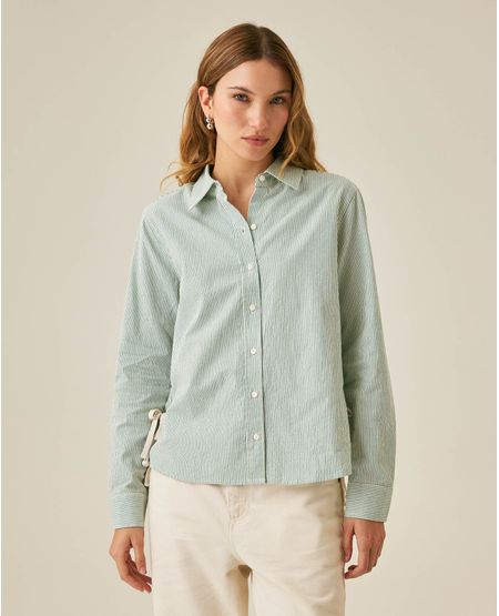 Camisa de Mujer Moda Silueta Recta Rayas Preteñidas con Nudos Laterales en Algodón