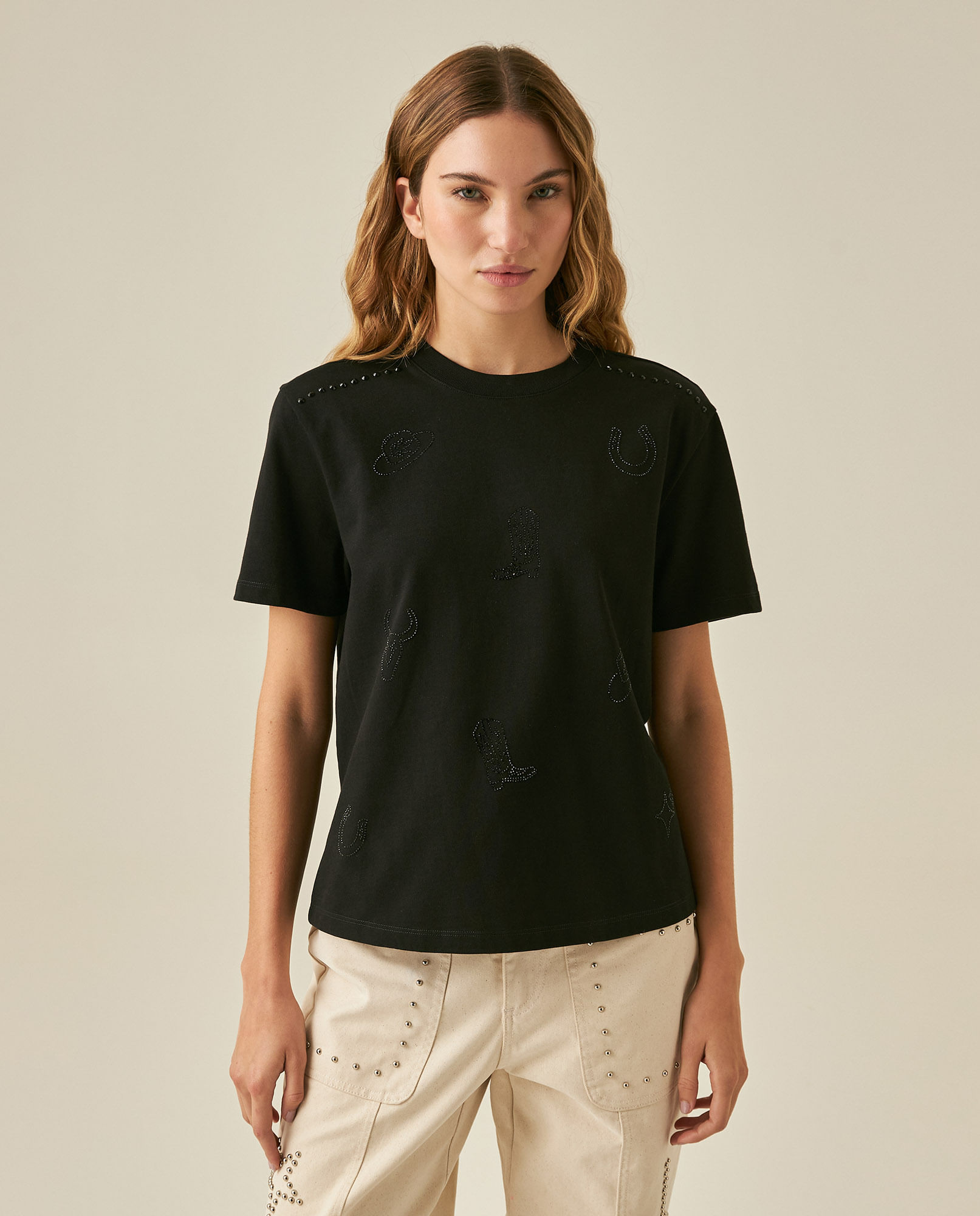 Camiseta de Mujer Rodeo Gráfica Oversized con Estampado y Piedras en Algodón