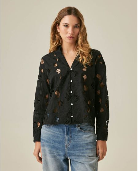 Camisa de Mujer Moda Silueta Recta Cuello Nerú Tipo Ojalillo en Mezcla de Poliéster