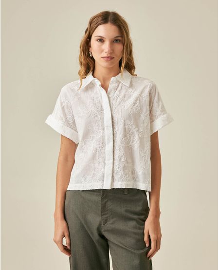 Camisa de Mujer Oversized Cuello Camisero con Guardapolvo Bordada en Algodón