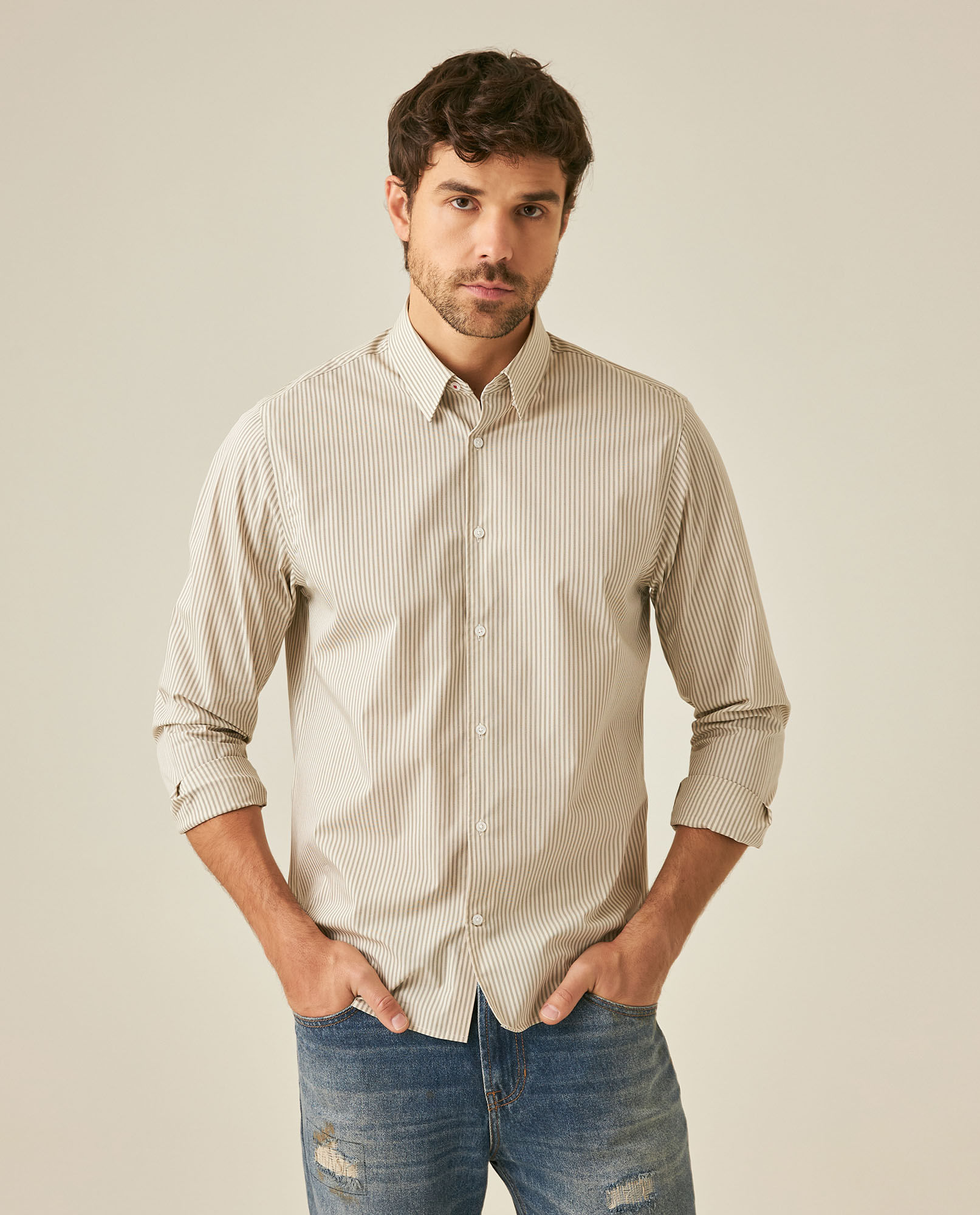 Camisa de Hombre Manga Larga Classic Fit Rayas Microtexturizadas Preteñidas en Mezcla de Algodón y Coolmax