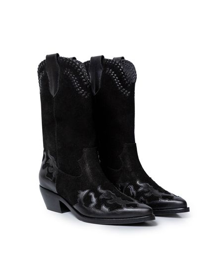 Botas de Mujer Texanas Caña Media Sobrepuestos Anilina en Cuero Carnaza y Plena Flor