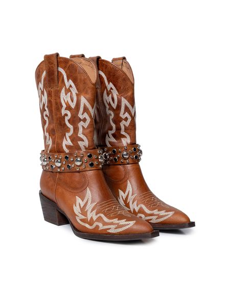 Botas de Mujer Texanas Caña Media Detalles Western en Cuero Anilina