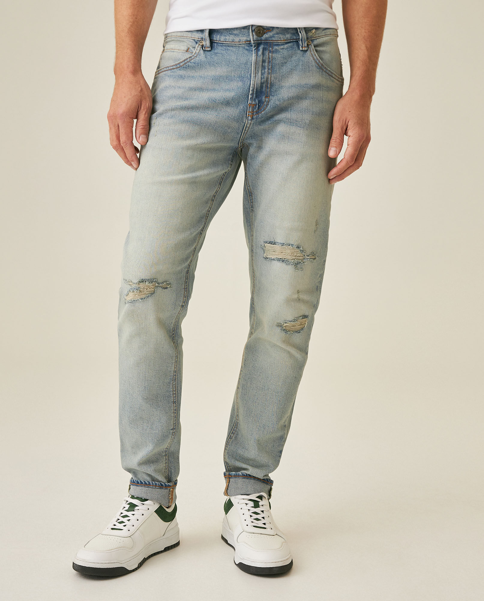 Jean de Hombre Rider Skinny Fit Tiro Bajo Lavado Claro con Rotos, Parches y Estilo Vintage en Mezcla de Algodón