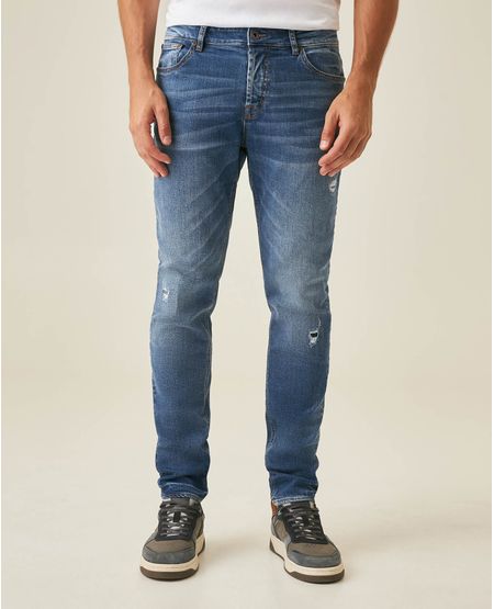 Jean de Hombre Rider Skinny Fit Tiro Bajo Lavado Medio con Rotos y Presillas en Mezcla de Algodón