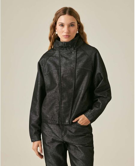 Chaqueta de Mujer Cuello Alto Silueta Militar con Brillo Lavado Negro en Mezcla de Algodón Madres