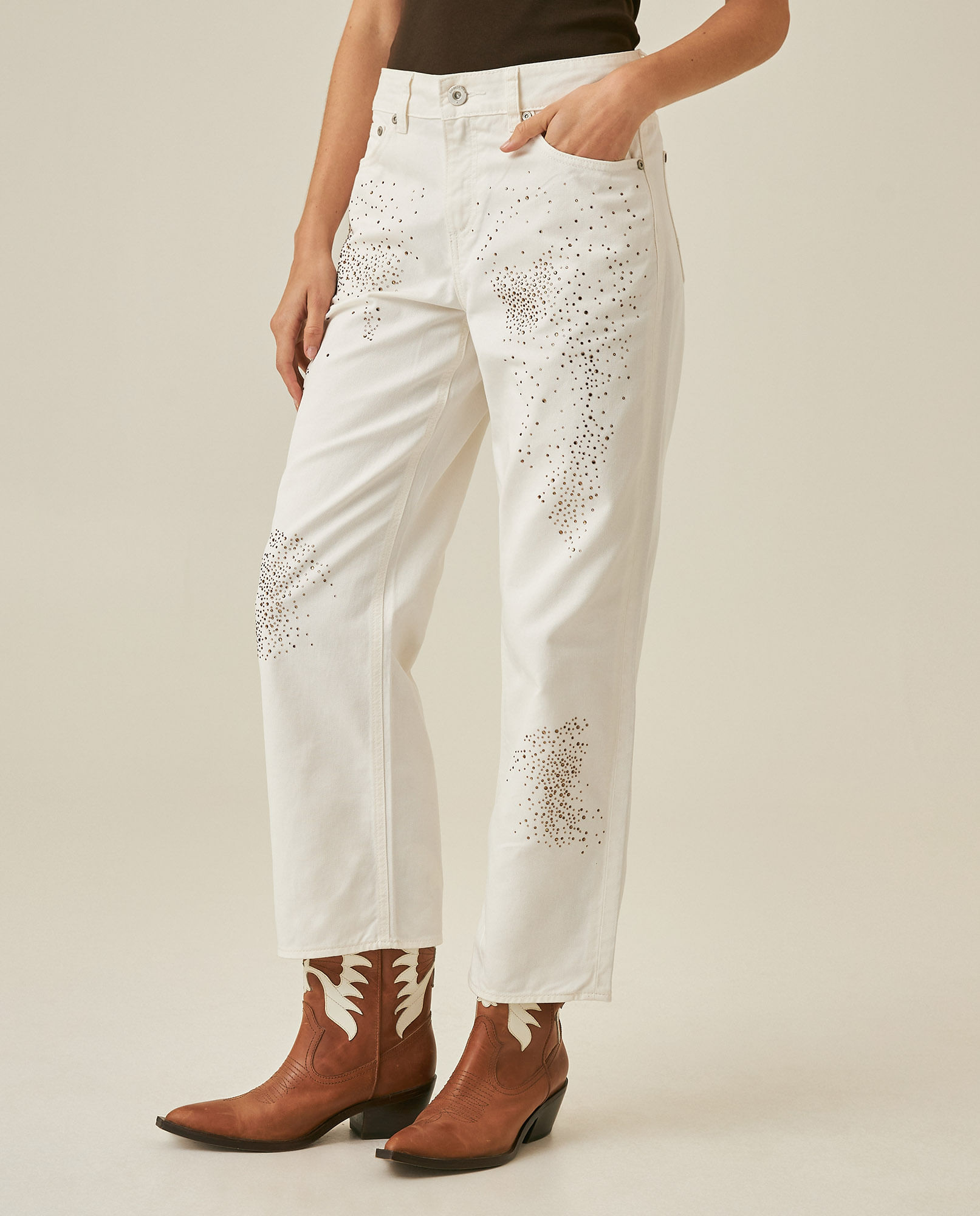 Jean de Mujer Straight Crop Fit Tiro Alto Piedras con Brillo Color Denim en Algodón Madres