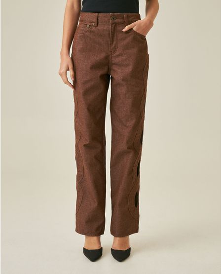 Jean de Mujer Special Fit Straight Tiro Super Alto Cortes Ovalados Malla Lavado Café en Mezcla con Lurex Madres