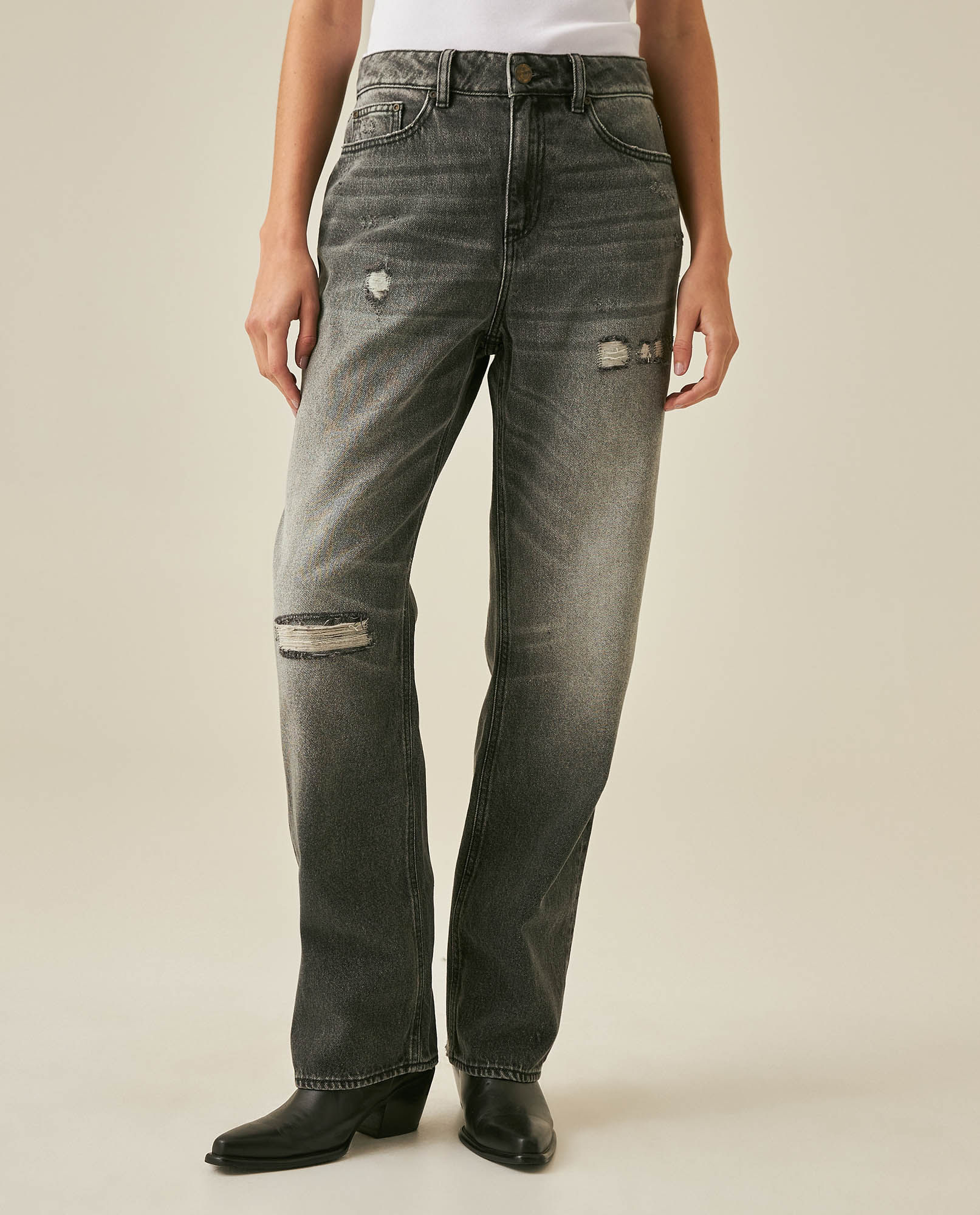 Jean Heritage de Mujer Straight Fit Tiro Super Alto con Rotos Lavado Gris en Mezcla de Lyocell y Algodón