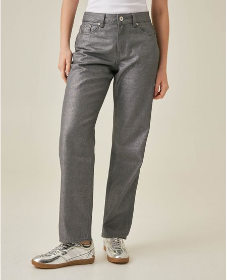 Jean de Mujer Straight Fit Bota Relaxed Tiro Alto con Brillo Lavado Gris en Algodón Madres