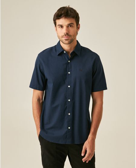 Camisa de Hombre Manga Corta Classic Fit Pato Bordado Tono a Tono en Mezcla de Algodón y Lino