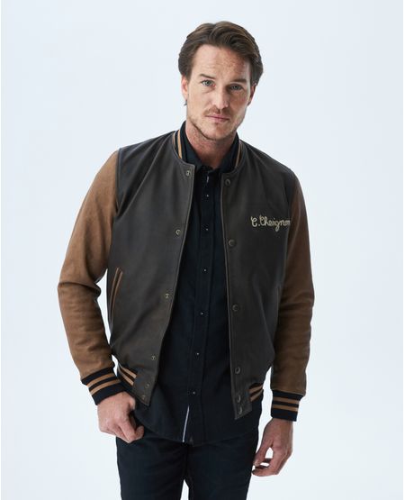 Chaqueta de Hombre en Cuero, Tipo Teddy - Mangas en Contraste