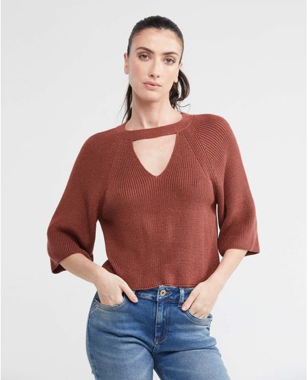 Camiseta Tejida de Mujer, Silueta Recta Cuello Redondo Tipo Collar y Escote en V Manga 3/4 - Galga Media